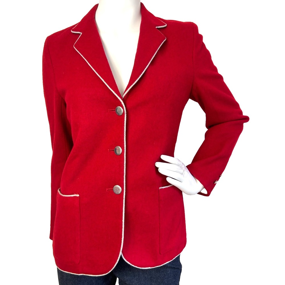 Vtg Harrow Clothiers 100% Pure Wool Red Equestrian Blazer Gray Trim England Medi